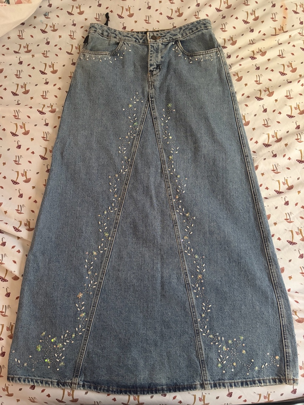 Anna Sui Y2K 100% Cotton Denim Maxi Skirt Grunge Jean Maxi Made in Canada, 90’s.